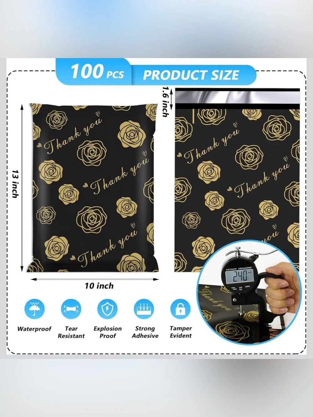 Polymailers 10x13 Black & Gold 'Thank You' Floral 15 ct